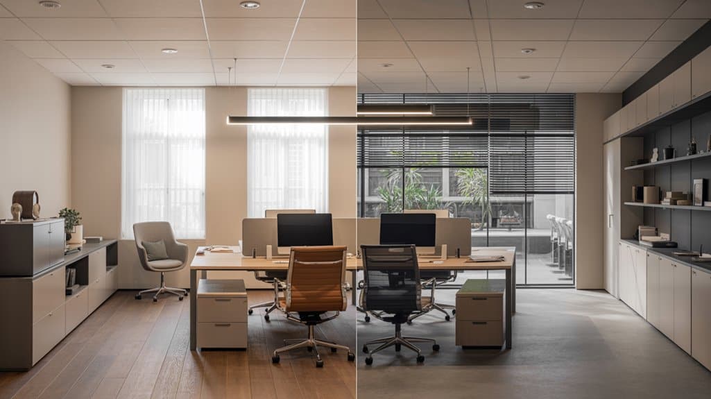 Modern office workspace with two distinct design styles side by side, featuring ergonomic chairs, desks, storage cabinets, and large windows, illustrating innovative interior design concepts for commercial spaces.