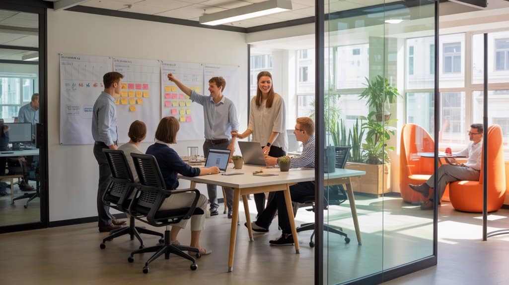 Collaborative team designing in modern office space, brainstorming with sticky notes and laptops, creative workspace for design charrettes, innovative planning session, diverse professionals engaging in design process.