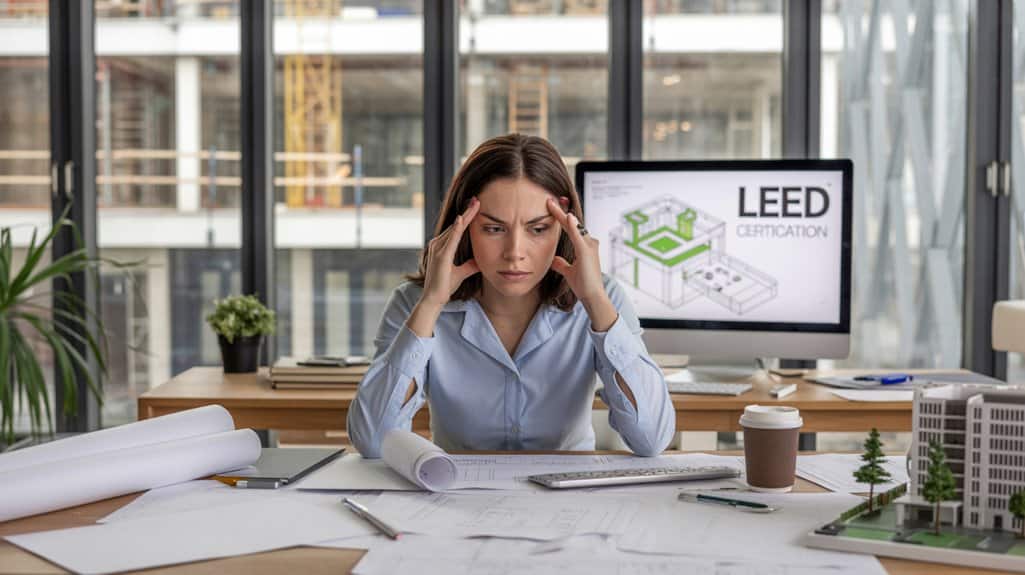 LEED certification process anxiety and stress in an architect or interior designer working on sustainable building projects at her office desk.