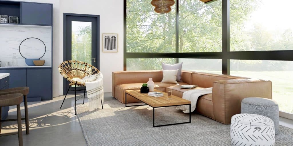 Modern interior designer living room featuring a cozy sectional sofa, stylish accent chairs, large windows with natural light, and contemporary decor elements for a sophisticated home decor look.